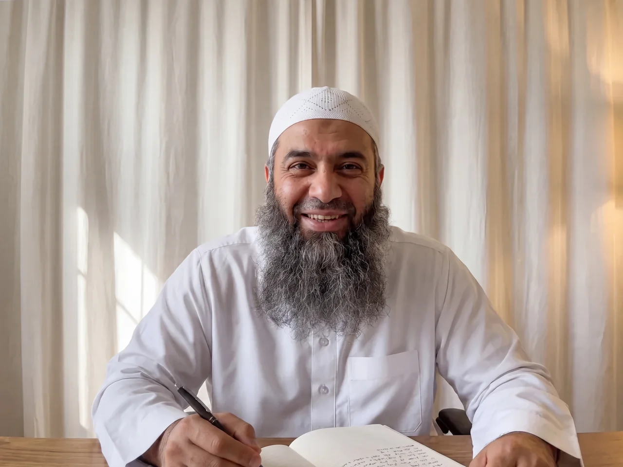A teacher smiling on a video call, pen and notebook in front of him